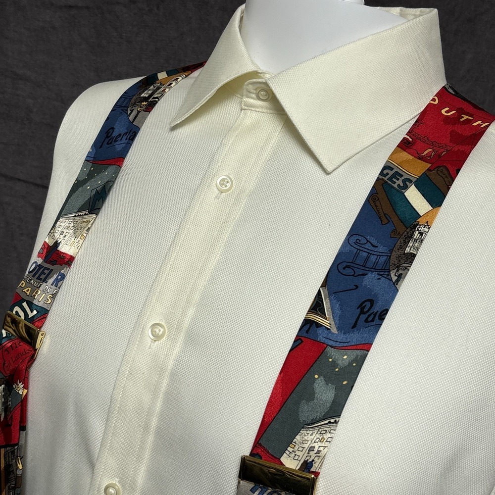 Suspenders Braces Red Blue Paris‎ Madrid Satin Leather Button Classic Y Back